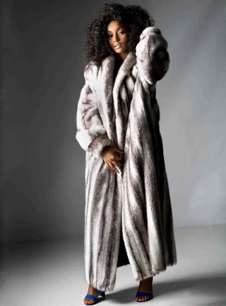 Full Length Mink Fur Coat with Shawl Collar & Rollback Cuffs.