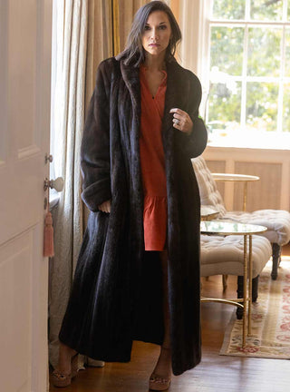 Full Length Mink Fur Coat with Shawl Collar & Rollback Cuffs.