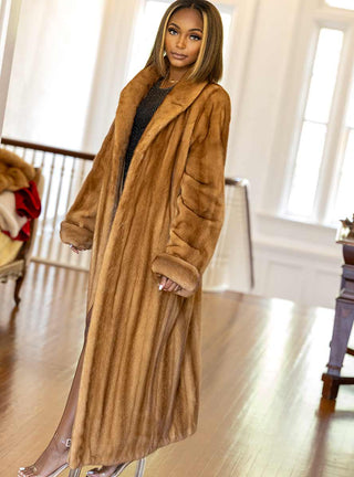 Full Length Mink Fur Coat with Shawl Collar & Rollback Cuffs.