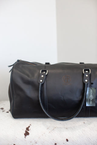 black leather weekend duffle bag