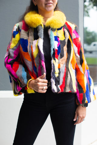 Fur Clearance - multicolor mink fur jacket with yellow fox fur collar