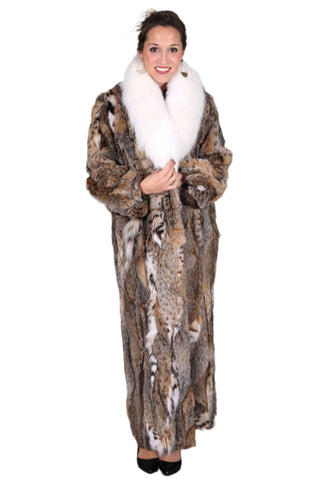 sectioned bobcat fur coat with fox fur collar