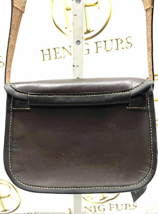 back detail of dark brown leather shell carrying case