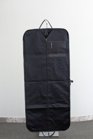 inside of black & white cowhide leather garment bag