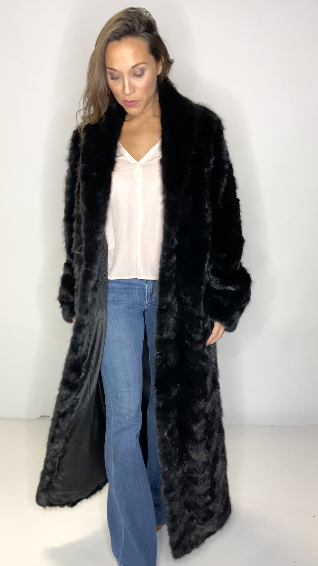 Black full length fur coat online