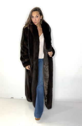 mahogany Mink Fur Coat with Fox Fur Tux.