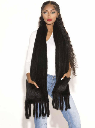 Knitted Mink Fur Shawl with Fringe and Pockets.