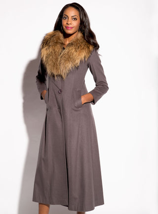 Cashmere Blend Coat with Raccoon Fur Shawl Collar.