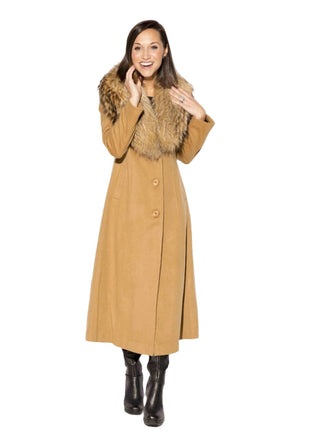 Cashmere Blend Coat with Raccoon Fur Shawl Collar.