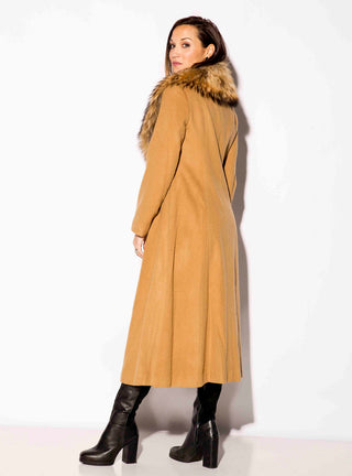 Cashmere Blend Coat with Raccoon Fur Shawl Collar.