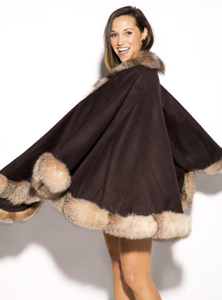 Cashmere Blend Cape with Fox Fur Trim.