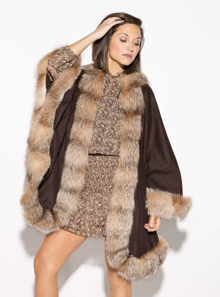 Cashmere Blend Cape with Fox Fur Trim.