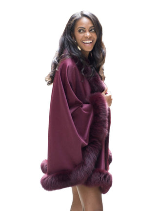 Women's Burgundy Cashmere Cape with Burgundy Fox Fur Trim