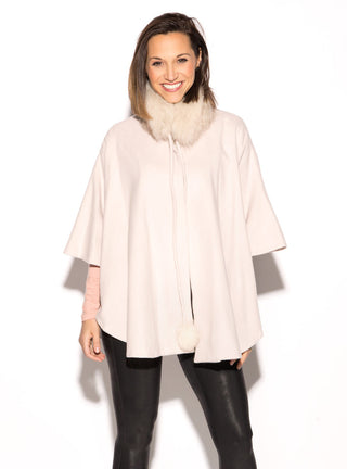 Wool Blend Cape with Fox Fur Collar & Pom Poms