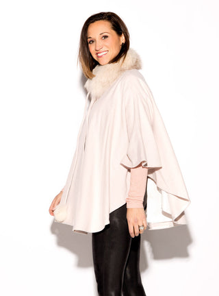 Wool Blend Cape with Fox Fur Collar & Pom Poms.