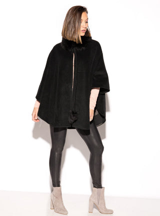 Wool Blend Cape with Fox Fur Collar & Pom Poms.