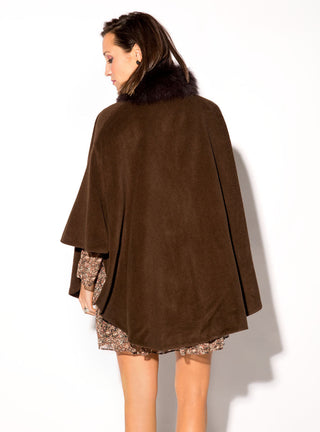 Wool Blend Cape with Fox Fur Collar & Pom Poms