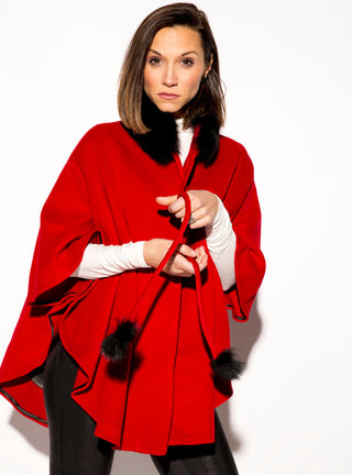 Wool Blend Cape with Fox Fur Collar & Pom Poms