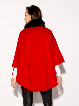 Wool Blend Cape with Fox Fur Collar & Pom Poms