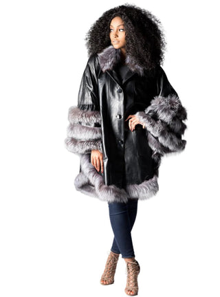 Lamb Leather Cape with Fox Fur Trim