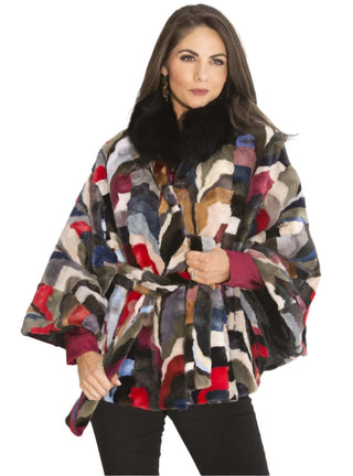 women's multicolor mink cape with black fox collar and belt