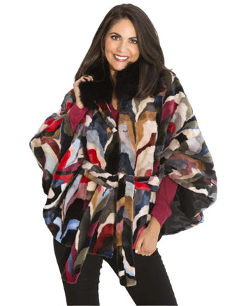 women's multicolor mink cape with black fox collar and belt