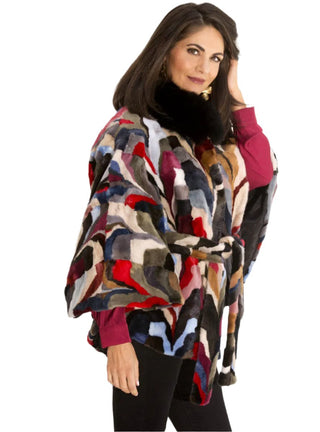 women's multicolor mink cape with black fox collar and belt