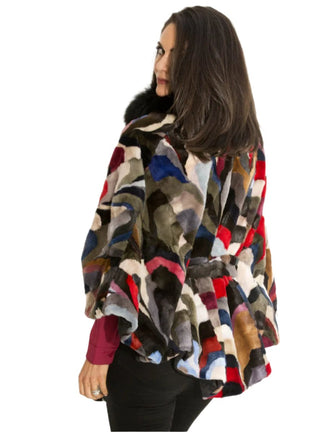 women's multicolor mink cape with black fox collar and belt