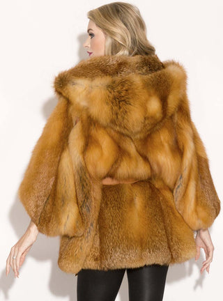 Natural Red Fox Fur Cape with Hood & Leather Belt.