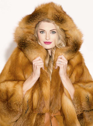 Natural Red Fox Fur Cape with Hood & Leather Belt.