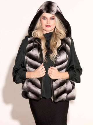 chevron rabbit fur vest with hood