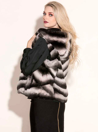 reversible chevron rabbit fur vest with hood