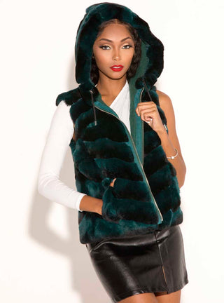 green reversible rabbit fur vest with hood