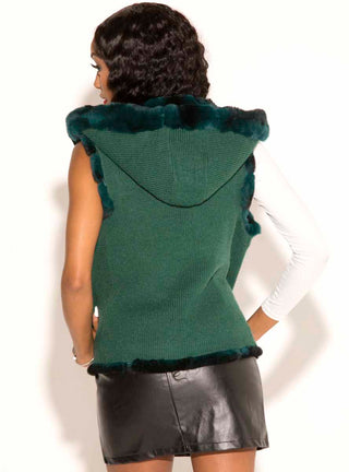 green reversible rabbit fur vest with hood