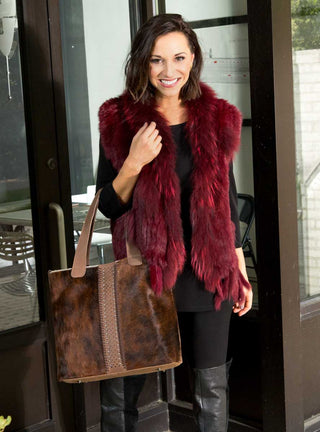 women's burgundy Knitted Rabbit Fur Vest with Raccoon Fur inserts