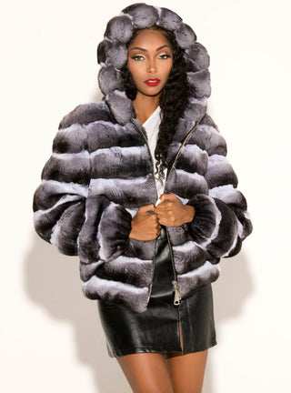 Natural Chinchilla Fur Jacket with Hood.