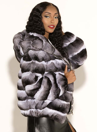 Natural Chinchilla Fur Jacket with Hood.