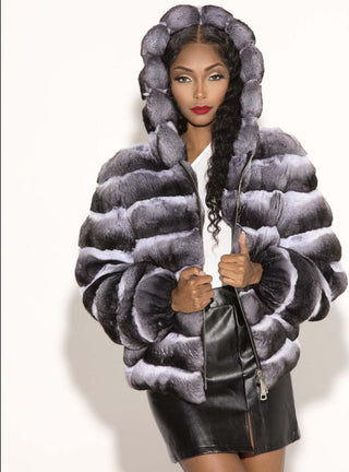 Natural Chinchilla Fur Jacket with Hood.