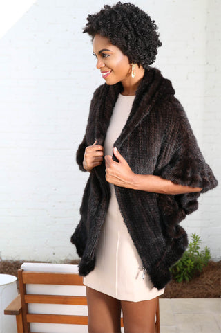 Mahogany Knitted Mink Fur Cape with Hood & Zip Front