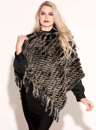 black snow knitted rabbit fur poncho with fringe