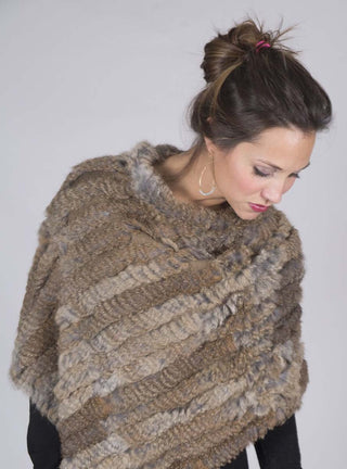 Knitted Rabbit Fur Poncho with Fringe.