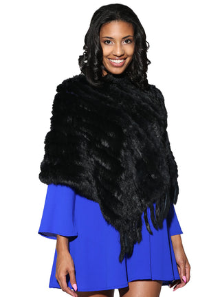 Women's Black Knitted Rabbit Fur Poncho with Fringe