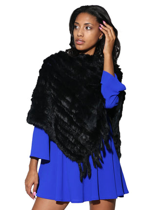 Women's Black Knitted Rabbit Fur Poncho with Fringe