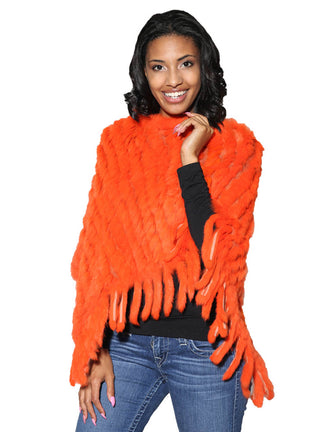 Knitted Rabbit Fur Poncho with Fringe.