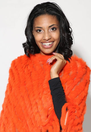 Orange Knitted Rabbit Fur Poncho