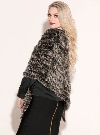 Knitted Rabbit Fur Poncho with Fringe.