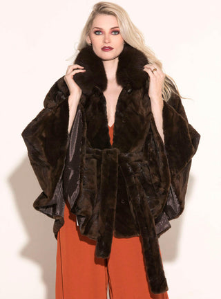 Sheared Mink Fur Cape with Fox Fur Collar and Detachable Belt.