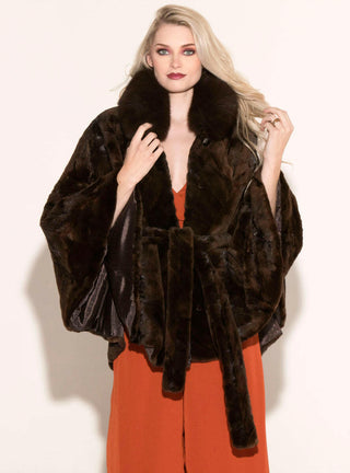 Sheared Mink Fur Cape with Fox Fur Collar and Detachable Belt.