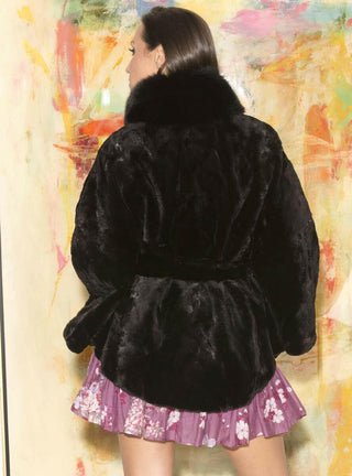 Sheared Mink Fur Cape with Fox Fur Collar and Detachable Belt.