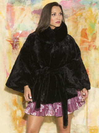 Ranch mink cape with fox collar and detachable belt